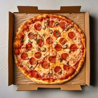 ai gegenereerd een pizza doos gevulde met leidingen heet pizza, klaar naar worden genoten Bij een partij of bijeenkomst foto