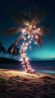 ai gegenereerd een single palm boom Aan een strand, verpakt in een draad van licht lamp slingers. foto