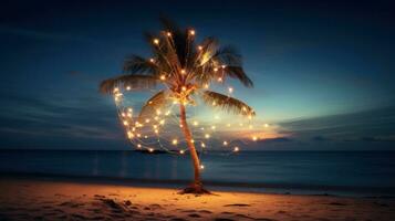 ai gegenereerd een single palm boom Aan een strand, verpakt in een draad van licht lamp slingers. foto