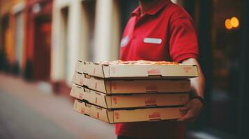 ai gegenereerd pizza levering persoon draag- een stack van pizza dozen foto