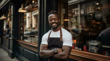 ai gegenereerd glimlachen kapper staand in voorkant van zijn winkel foto