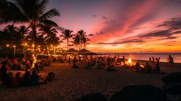 ai gegenereerd zanderig strand Bij nacht met een vreugdevuur, omringd door mensen dansen en gezelligheid foto