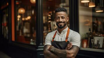 ai gegenereerd glimlachen kapper staand in voorkant van zijn winkel foto