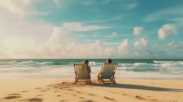 ai gegenereerd een romantisch tafereel van een paar knuffelen Aan een strand stoel terwijl aan het kijken de golven foto