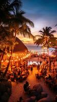 ai gegenereerd strand bar met helder lichten en levendig muziek, omringd door palm bomen en mensen genieten van de feest. foto