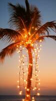 ai gegenereerd een palm boom Aan een strand, omringd door een draad van licht lamp slingers foto