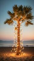 ai gegenereerd een palm boom Aan een strand, omringd door een draad van licht lamp slingers foto