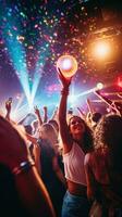 ai gegenereerd een groep van vrienden dansen samen onder kleurrijk lichten en een disco bal in een druk nachtclub foto