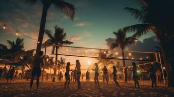 ai gegenereerd een groep van mensen spelen strand volleybal onder de lichten, met de geluid van de golven. foto