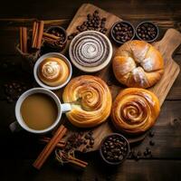 ai gegenereerd een vlak leggen van een houten tafel met een verscheidenheid van gebakken goederen, inclusief kaneel broodjes, muffins foto