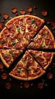 ai gegenereerd pizza plakjes geregeld in een spiraal patroon, benadrukkend de symmetrisch schoonheid van de pizza foto