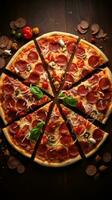 ai gegenereerd pizza plakjes geregeld in een spiraal patroon, benadrukkend de symmetrisch schoonheid van de pizza foto