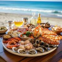 ai gegenereerd bord van heerlijk zeevruchten voorgerechten geserveerd Aan een strand tafel met een pittoreske visie van de zee foto