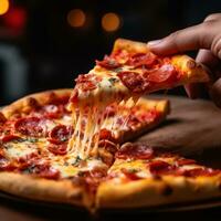 ai gegenereerd personen hand- Holding een plak van pizza met een beet genomen uit van het, overbrengen de tevredenheid foto