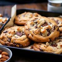 ai gegenereerd dienblad van vers gebakken koekjes, met chocola chips en brokken van noten gluren uit van de deeg. foto