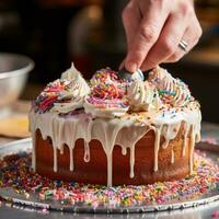 ai gegenereerd bakker leidingen glimmertjes op een taart, met een verscheidenheid van kleurrijk suikerglazuur en hagelslag in de achtergrond foto