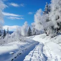 ai gegenereerd de met sneeuw bedekt paden. de bergen in winter foto