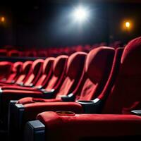 ai gegenereerd leeg film theater stoelen met een blanco scherm in de achtergrond, foto