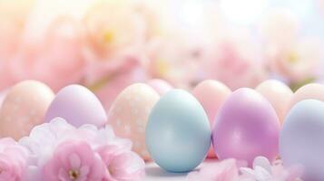 ai gegenereerd een mooi schot van Pastelkleurige Pasen eieren geregeld Aan een bed van bloemen, foto