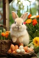 ai gegenereerd een grillig foto van een konijn kauwend Aan een wortel, met Pasen eieren en voorjaar bloemen