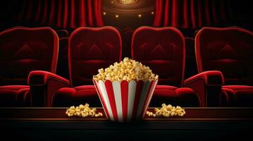 ai gegenereerd bioscoop stoelen met popcorn en drinken foto