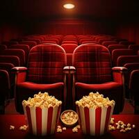 ai gegenereerd bioscoop stoelen met popcorn en drinken foto