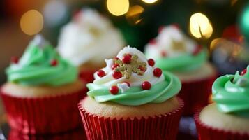 ai gegenereerd prachtig versierd cupcakes met feestelijk rood en groen suikerglazuur en eetbaar Kerstmis decoraties foto