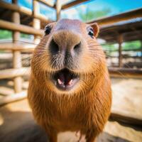 ai gegenereerd een capibara in een dierentuin, Daar groot voorkant tanden en met zwemvliezen voeten foto