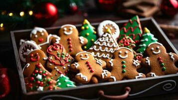 ai gegenereerd dienblad gevulde met vers gebakken koekjes in vorm van Kerstmis bomen, peperkoek Heren, en snoep wandelstokken foto