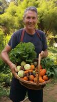 ai gegenereerd een beeld van een tuinman Holding een mand vol van vers geplukt groenten van hun tuin foto