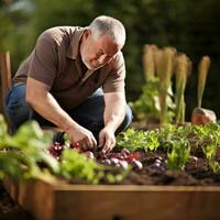 ai gegenereerd tuinman geknield in voorkant van een verheven tuin bed, aanplant zaden foto