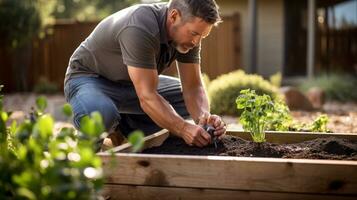 ai gegenereerd tuinman geknield in voorkant van een verheven tuin bed, aanplant zaden foto