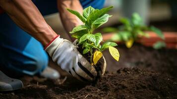 ai gegenereerd tuinman gebruik makend van een troffel naar fabriek een zaailing in een pot met een levendig, groen achtergrond foto