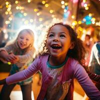 ai gegenereerd pret en speels foto van kinderen dansen en het zingen langs naar hun favoriete partij deuntjes