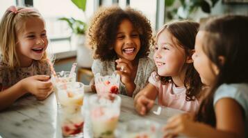 ai gegenereerd een groep van kinderen verzameld in de omgeving van een tafel, lachend en genieten van plakjes van taart en bril van sap foto