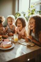 ai gegenereerd een groep van kinderen verzameld in de omgeving van een tafel, lachend en genieten van plakjes van taart en bril van sap foto