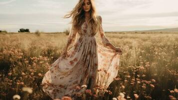 ai gegenereerd een vrouw vervelend een vloeiende maxi jurk, staand in een veld- van wilde bloemen foto