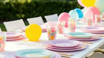 ai gegenereerd feestelijk tafel instelling met kleurrijk platen, en ballonnen, klaar voor een pret en levendig verjaardag partij foto