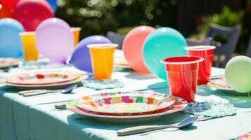 ai gegenereerd feestelijk tafel instelling met kleurrijk platen, en ballonnen, klaar voor een pret en levendig verjaardag partij foto