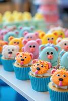 ai gegenereerd een detailopname van schattig diervormig cupcakes versierd in levendig kleuren foto