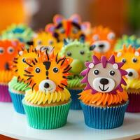 ai gegenereerd een detailopname van schattig diervormig cupcakes versierd in levendig kleuren foto