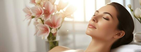 ai gegenereerd mooi vrouw ondergaan behandeling en het baden behandeling in spa studio foto