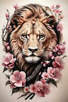 ai gegenereerd verbazingwekkend tatoeëren stijl realistisch leeuw met Japans kers bloesem kunst foto