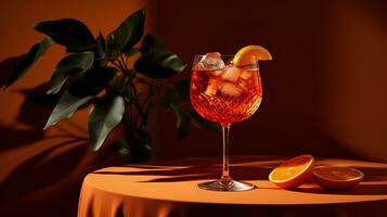 ai gegenereerd generatief ai, glas van aperol spritz cocktail Aan houten tafel met zon lichten en schaduwen, esthetisch nog steeds leven foto