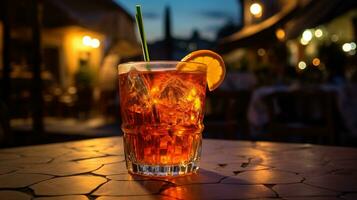 ai gegenereerd generatief ai, glas van aperol spritz Aan houten tafel met vervagen achtergrond met lichten van straat bar, cafe of restaurant foto