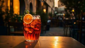 ai gegenereerd generatief ai, glas van aperol spritz Aan houten tafel met vervagen achtergrond met lichten van straat bar, cafe of restaurant foto