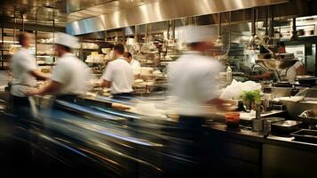 ai gegenereerd generatief ai, bezig koks werken Aan de restaurant keuken in beweging vervagen, snelheid foto