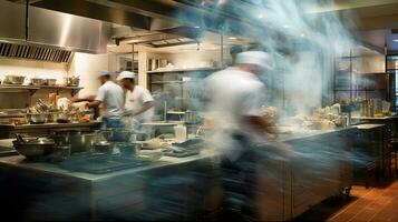 ai gegenereerd generatief ai, bezig koks werken Aan de restaurant keuken in beweging vervagen, snelheid foto