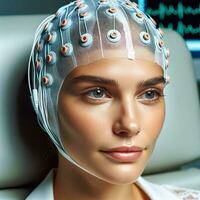 ai gegenereerd een jong Kaukasisch vrouw geduldig ondergaan eeg inspectie. generatief ai. foto