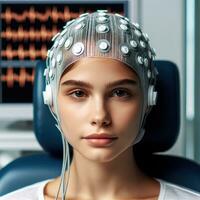 ai gegenereerd een jong Kaukasisch vrouw geduldig ondergaan eeg inspectie. generatief ai. foto